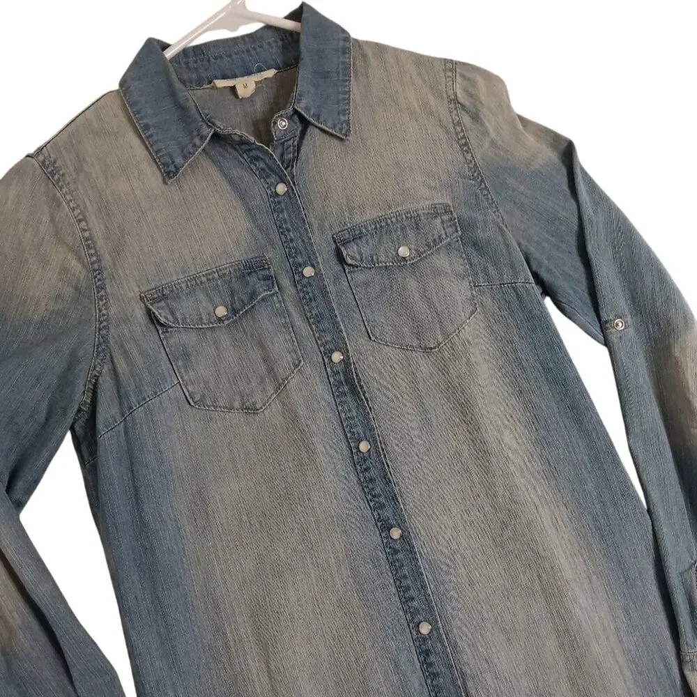 Buddy Basics Vintage Western Denim Dress M Blue Fade Pearl Snap Cowgirl Boho‎